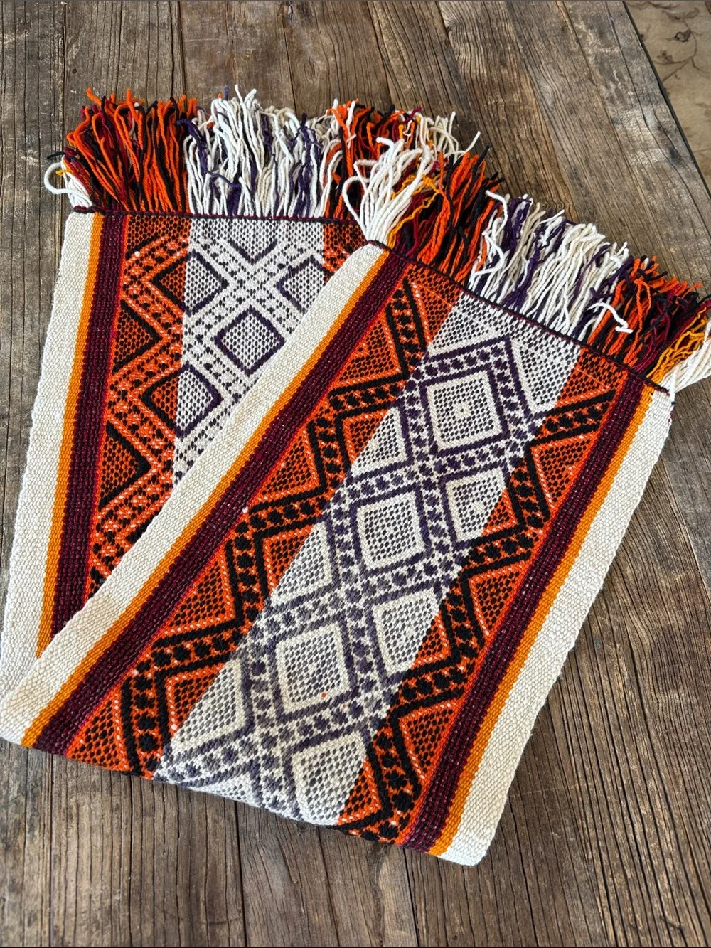 Vintage Handwoven Table Runner in Orange, Purple & Cream